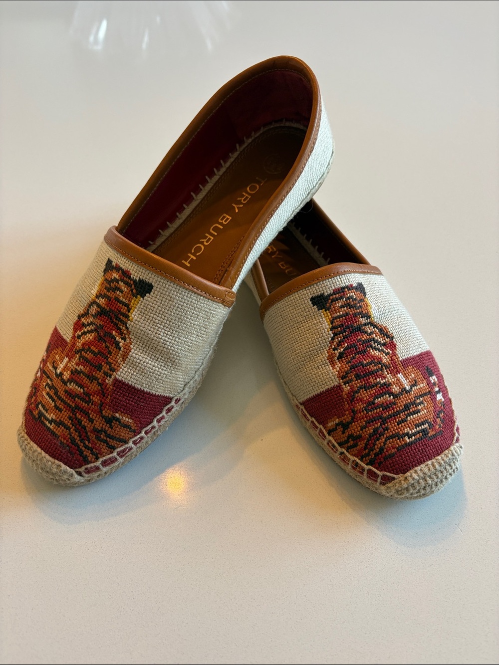 Tory Burch Espadrilles. Tan Trim & Red Needlepoint Tiger. Size 8.